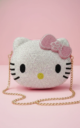 کیف دوشی دخترانه نگیندار طرح Hello Kitty با بند زنجیری طلایی