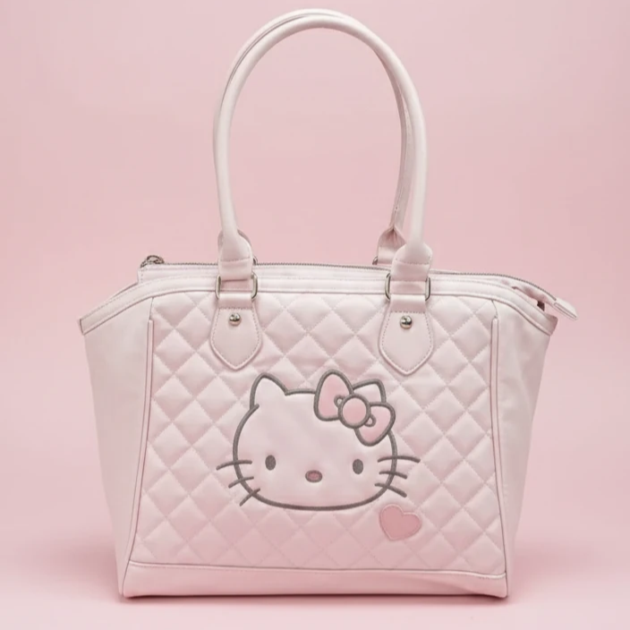 کیف دستی صورتی طرح Hello Kitty با بافت لولهدوزی و گلدوزی چهره کیتی